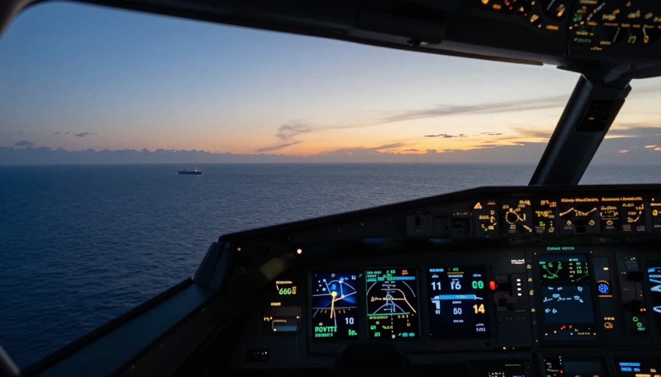 A commercial airplane flies over the vast ocean at dusk, with cockpit displays faintly showing waypoint coordinates in the background and a distant ship below. Cinematic style features dramatic golden hour lighting, strong contrast, and cool blue tones focusing on the plane and horizon.