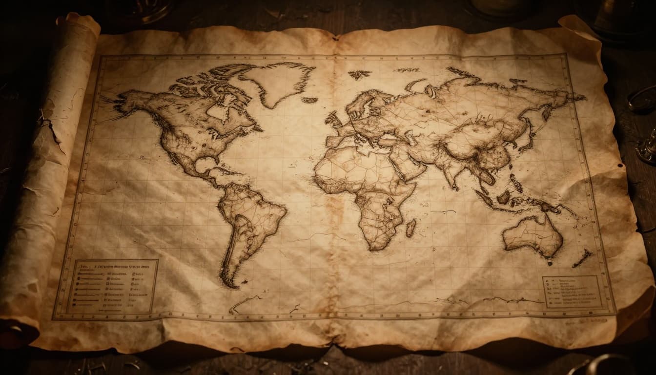 An ancient parchment map under warm dramatic lighting with high contrast, showcasing early latitude and longitude lines sketched over a world outline, complete with faded edges and candlelight glow.