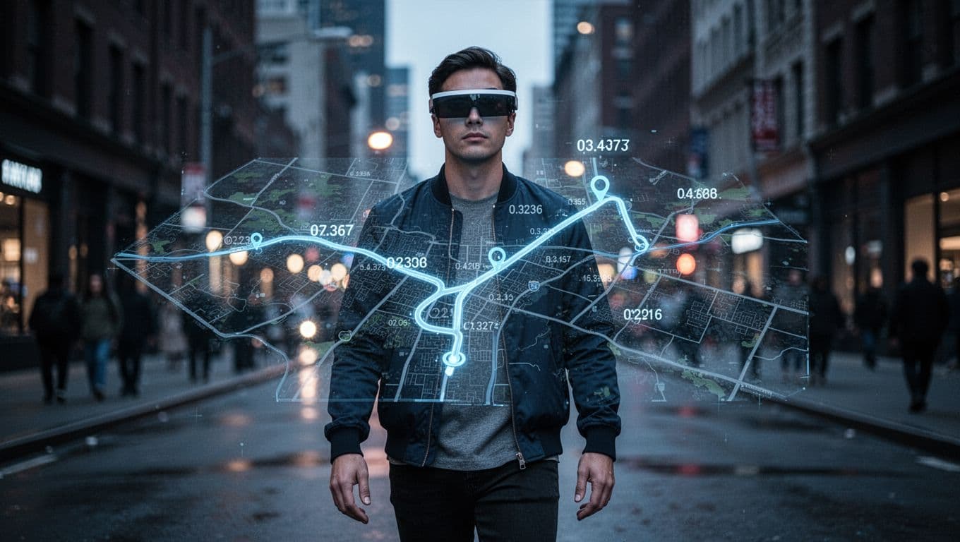 A person wearing AR glasses walks a blurred urban street, featuring a faint holographic map overlay with route and coordinates in cinematic evening light with cool blue tones.