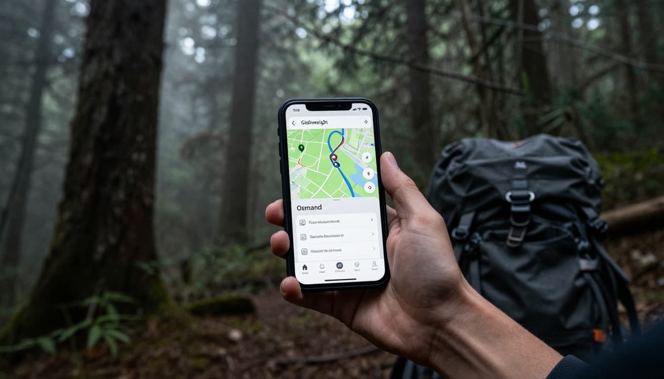 A backpacker in a forest clearing uses a lightweight phone app for trail navigation, surrounded by dense trees and misty background, with focused expression and cinematic lighting.