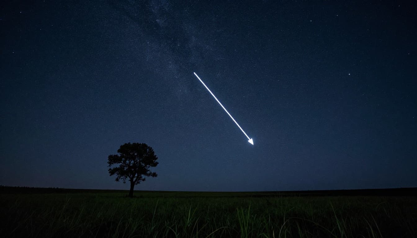 Clear night sky over a dark wilderness landscape with the prominent Big Dipper constellation implying an arrow to the low-horizon Polaris North Star, foreground grassy field with silhouetted tree, cinematic style with strong contrast and dramatic starry lighting.