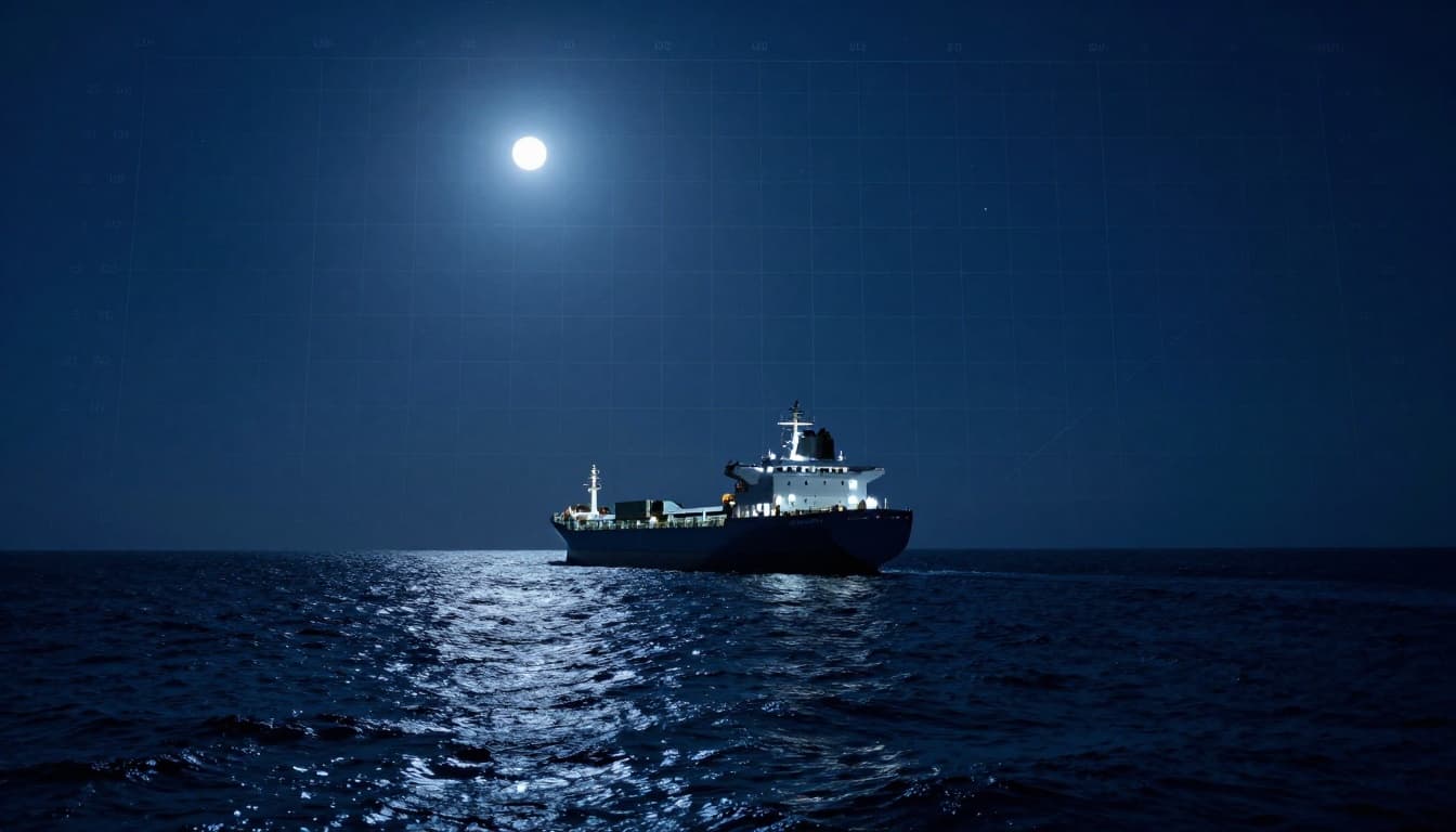 A lone cargo ship centered on the open sea at night, featuring a faint nautical chart overlay on the bridge showing latitude and longitude grid, under starry skies with dramatic moonlight, cinematic cool blue tones, strong contrast, and sharp lines.