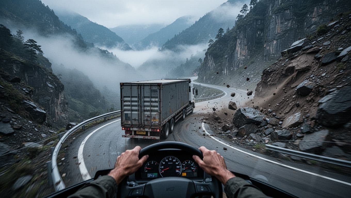 A cargo truck maneuvers a sharp curve on a steep winding mountain road with fog in the valley and rocks sliding nearby, captured in a dynamic cinematic style with dramatic lighting and desaturated cool tones.