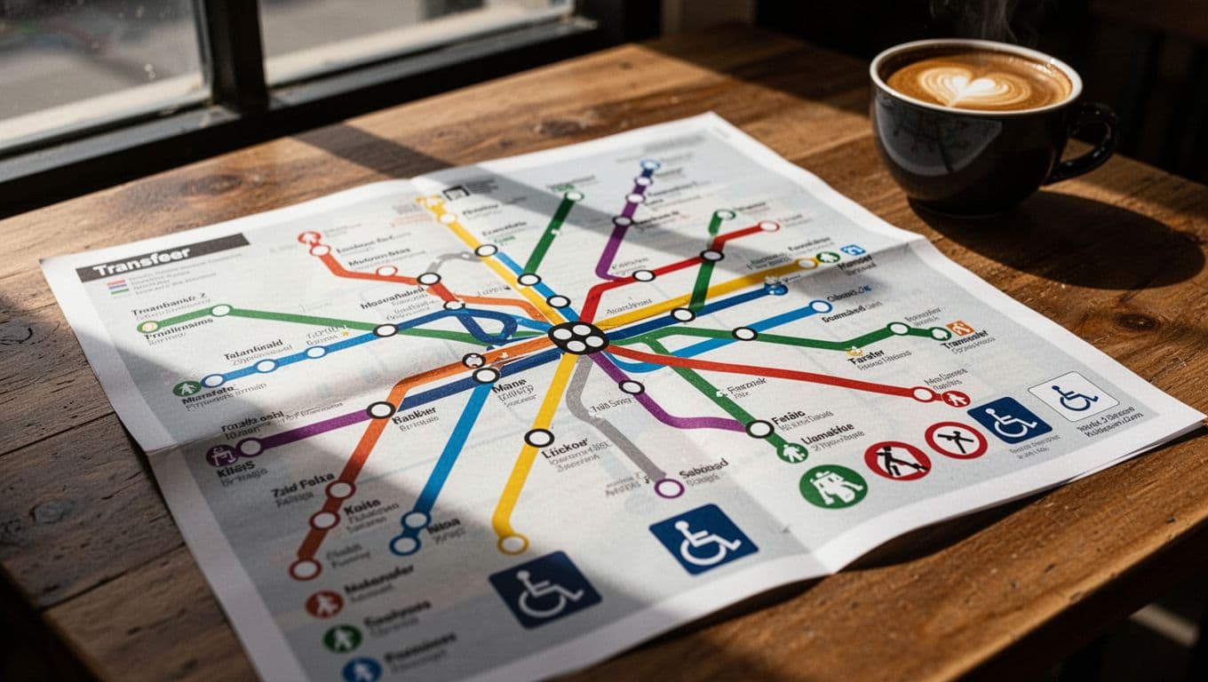 A close-up view of a colorful public transport map on a wooden cafe table, focusing on intersecting lines, station dots, transfer icons, and symbols like wheelchair access, with a nearby coffee cup in natural daylight and cinematic lighting.