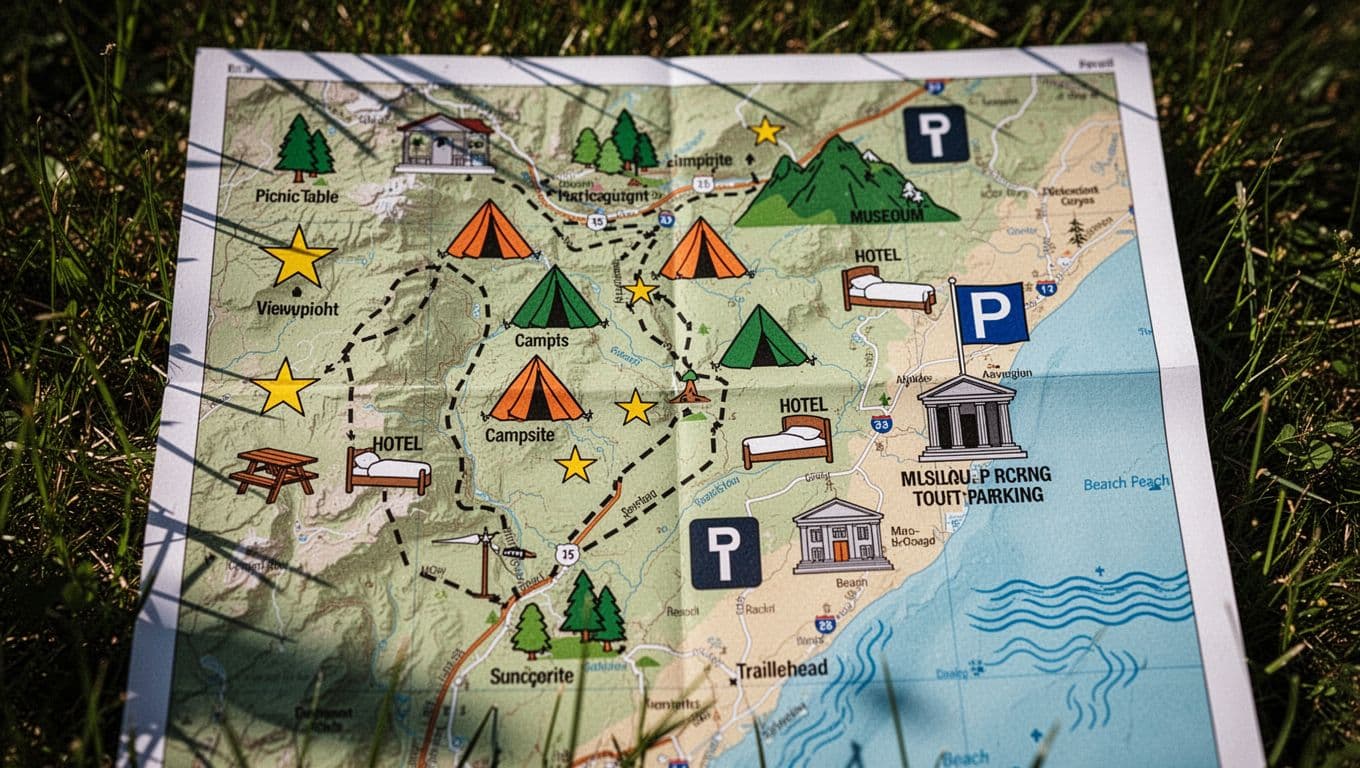 Colorful snippet of a tourist map with dashed hiking trails, tent campsites, viewpoints, picnic tables, hotels, museums, beaches, and parking icons, laid flat on grass in dramatic sunlight.