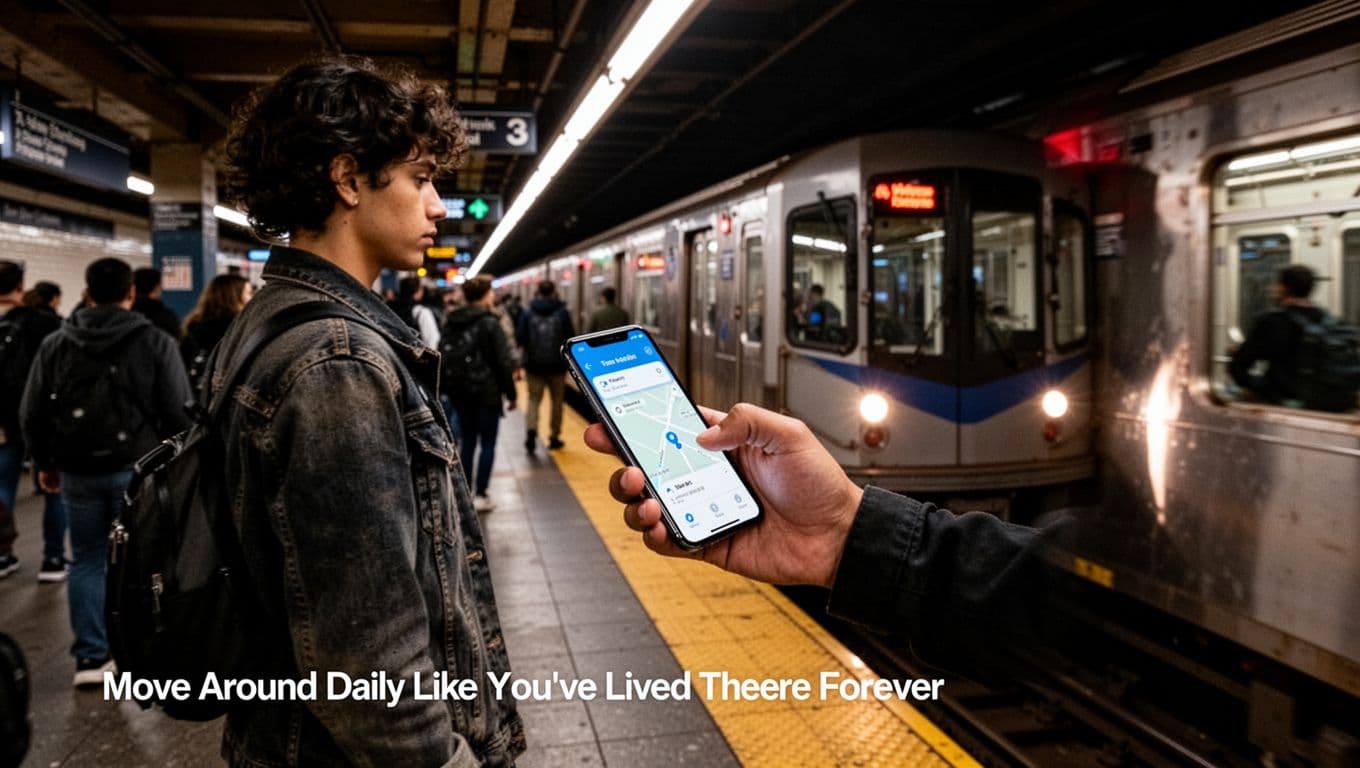 A person stands on a crowded city subway platform, checking their phone for transit directions with a train arriving in the background, captured in cinematic style with strong contrast and dramatic lighting.