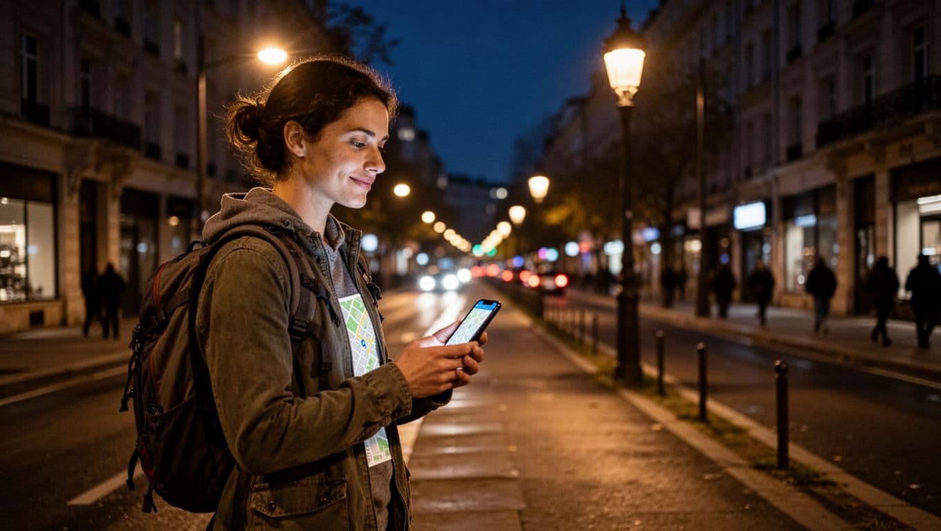 A solo traveler confidently checks a phone map under streetlamp light on an evening city street, with a blurred safe path ahead in a cinematic urban night scene featuring dramatic lighting and strong contrast.