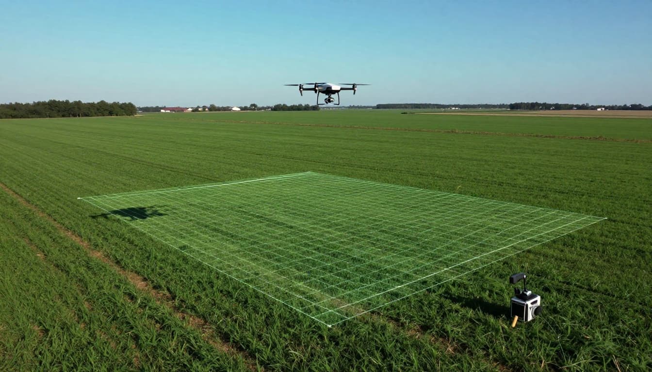 Modern drone hovering above a surveyed field with projected grid overlay on the ground, tech equipment nearby, clear sky, aerial perspective, dramatic sunlight, high contrast, green and blue palette.