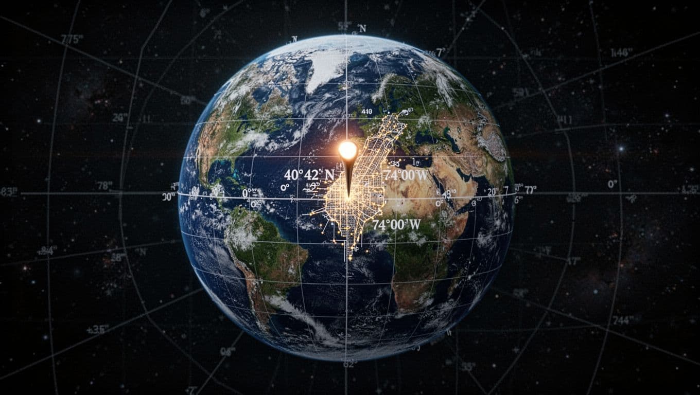 Cinematic Earth globe floating in dark space features a bright pin on New York City with faint traditional degrees minutes seconds grid markings like 40°42'N 74°00'W.
