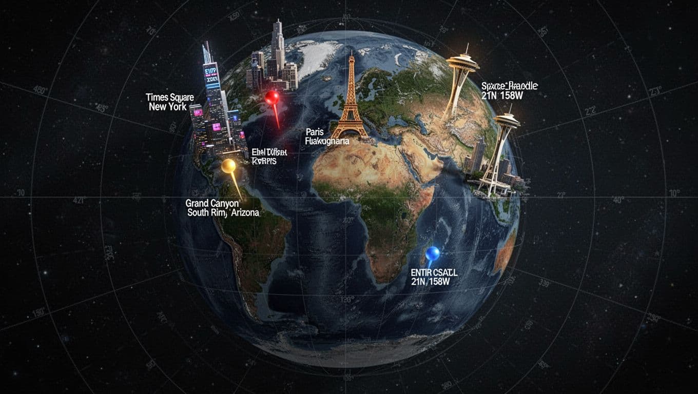 A cinematic Earth globe floating in dark space, pinpointed with exactly five glowing pins at Times Square New York, Eiffel Tower Paris, Grand Canyon South Rim Arizona, Space Needle Seattle, and central Pacific Ocean at 21N 158W, overlaid with a faint latitude and longitude grid.