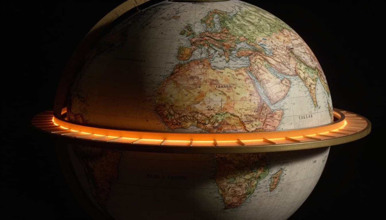 A detailed Earth globe floating in dark space, wrapped in horizontal latitude belts like rungs on a ladder, with a thick orange equator at the center and thinner lines to the Arctic and Antarctic Circles, rendered in cinematic style with dramatic lighting.