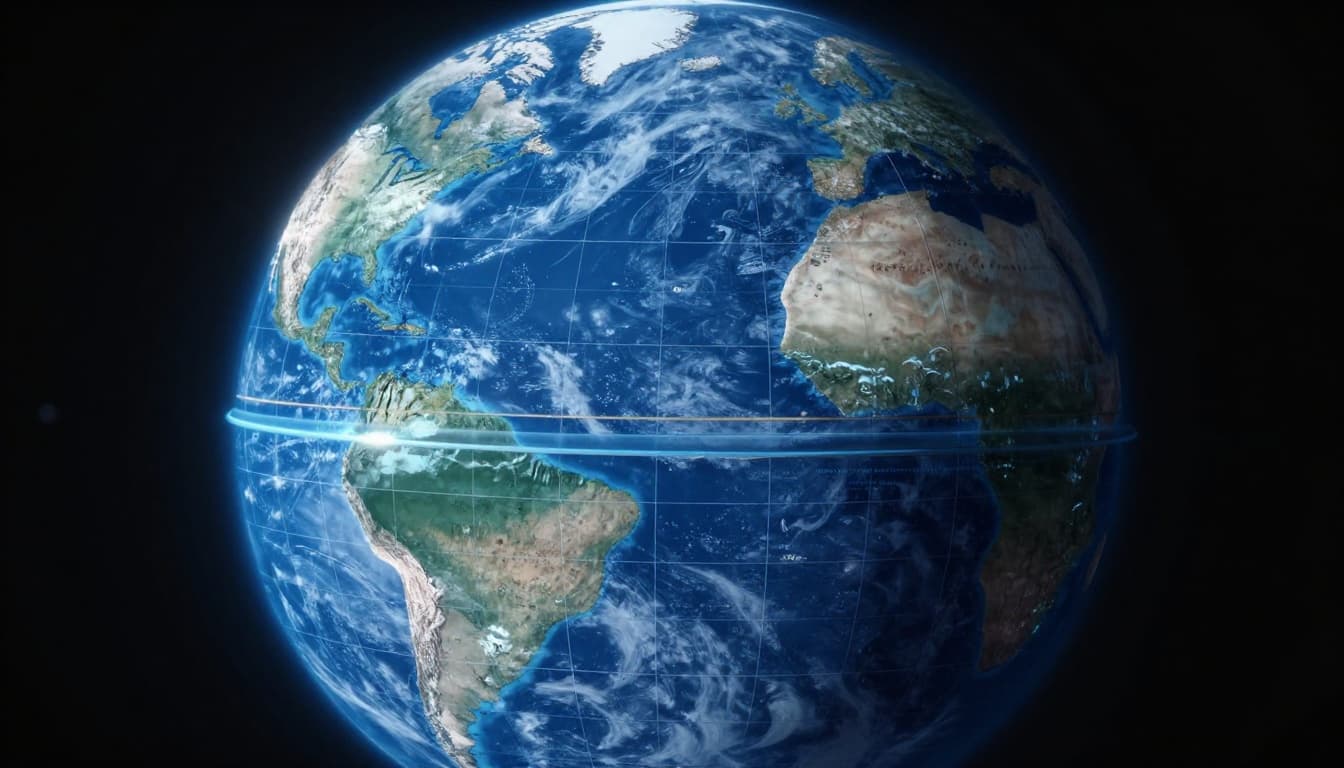 Cinematic Earth globe in space illuminated by sunlight, featuring latitude lines as horizontal rungs and longitude lines as vertical slices, with glowing equator and Prime Meridian, dramatic lighting and cool blue tones.