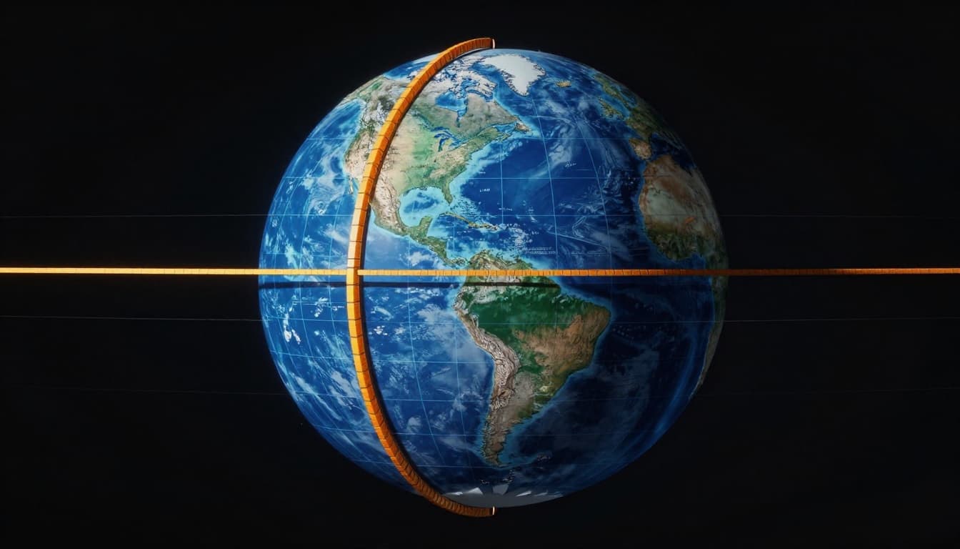 A detailed Earth globe floating in space, with latitude lines as horizontal rungs, longitude lines as vertical slices, equator highlighted, and prime meridian marked in cinematic style with dramatic lighting.