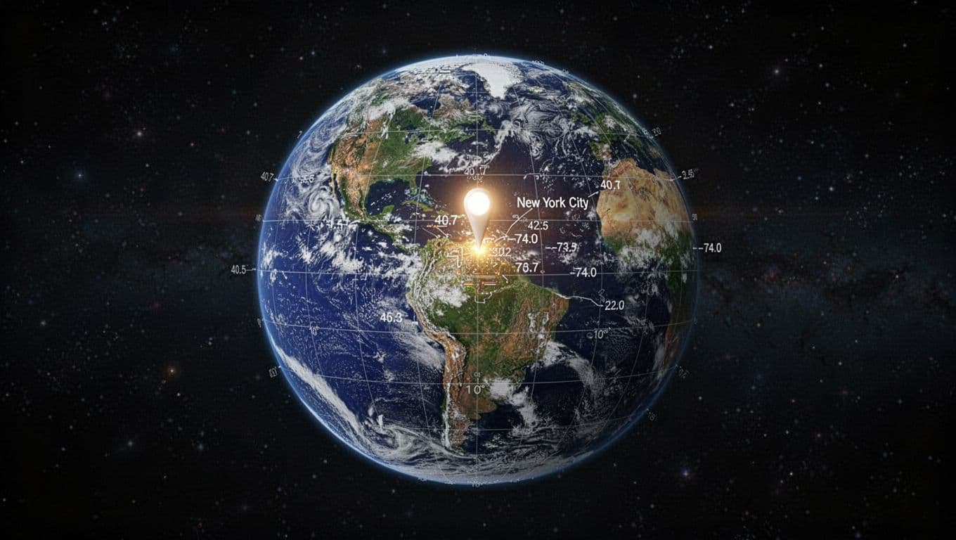 Realistic Earth globe floating in dark space with a bright glowing pin marking New York City's exact location. Subtle latitude and longitude grid lines with decimal coordinates like 40.7, -74.0 faintly implied around the pin in cinematic style with strong contrast and dramatic lighting.