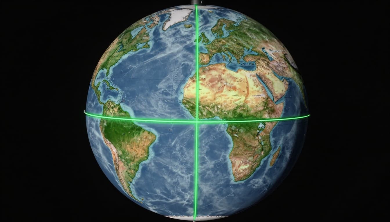 A realistic Earth globe floating in space, with vertical longitude lines slicing from north pole to south pole like orange slices, prime meridian glowing green, cinematic dramatic lighting.