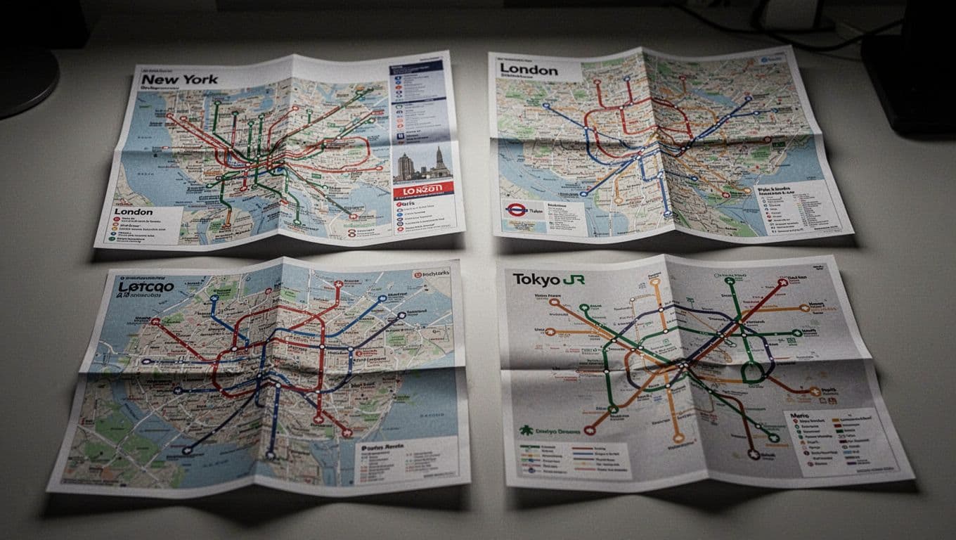 Folded public transport maps from New York subway, London Tube, Paris metro, and Tokyo JR spread on a desk with realistic paper textures, slight folds, and cinematic dramatic lighting.
