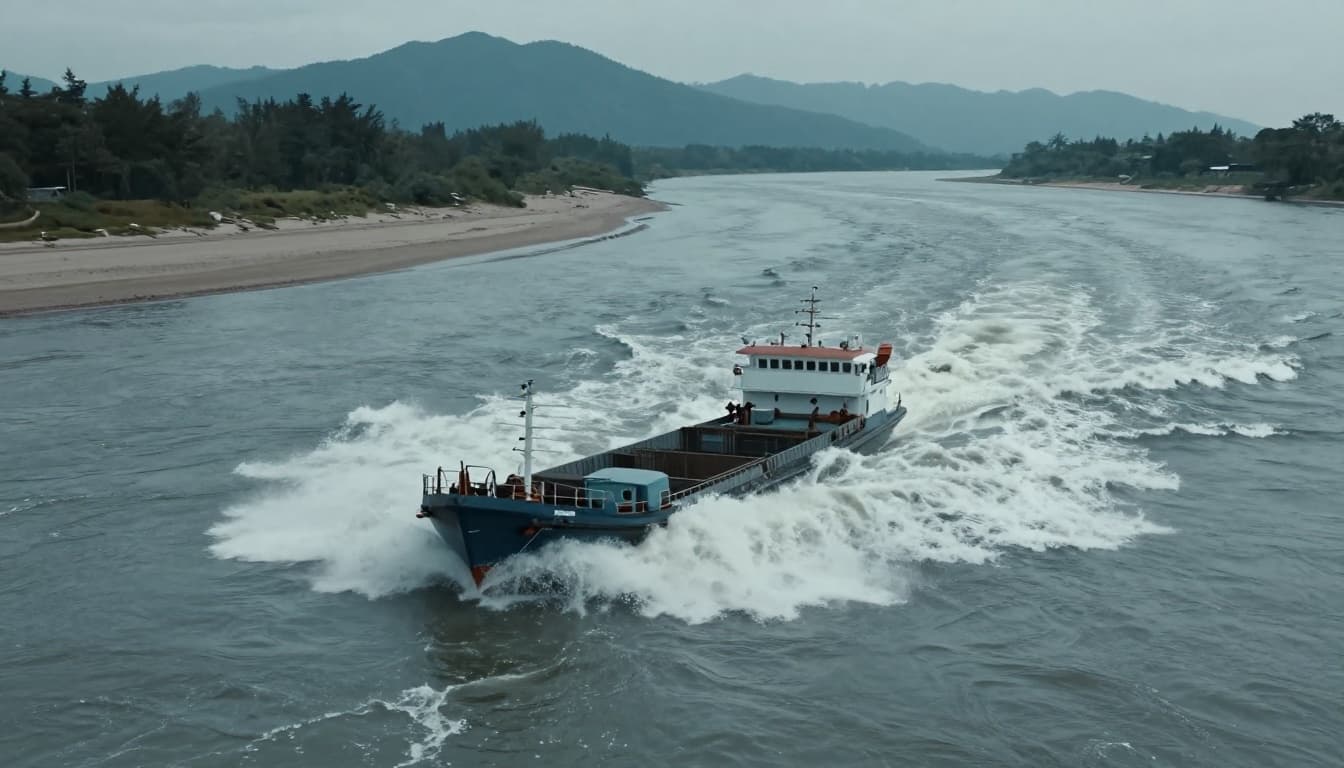 A lone freight boat struggles against powerful swirling river currents around a sandbar near the river mouth, with turbulent white water waves splashing the hull sideways amid distant mountains.