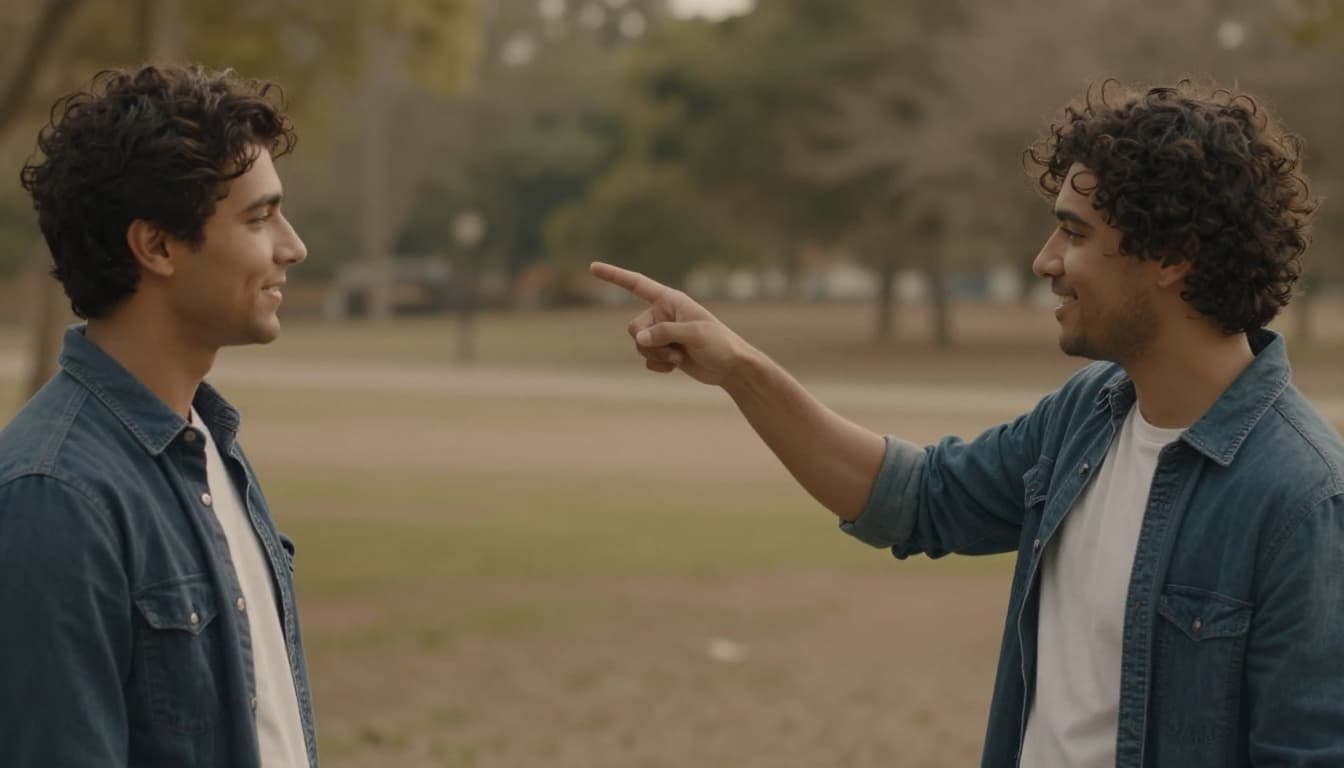 Two friends in a sunny park, one using an open hand gesture to point ahead positively while the other smiles and nods, demonstrating simple communication to reduce confusion.