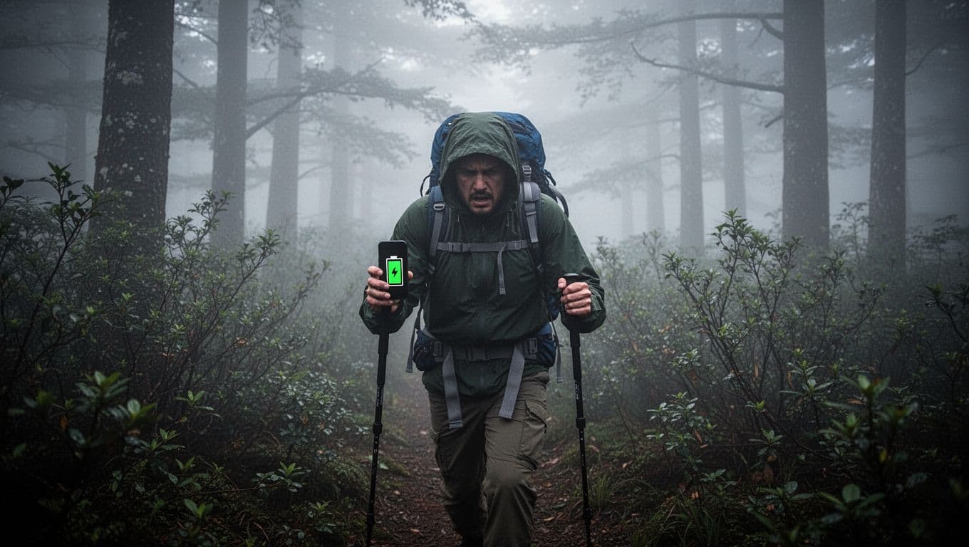 A frustrated solo hiker walks blindly off-trail in a dense foggy forest, staring intently at a smartphone screen showing a dead battery icon, surrounded by thick bushes and trees.