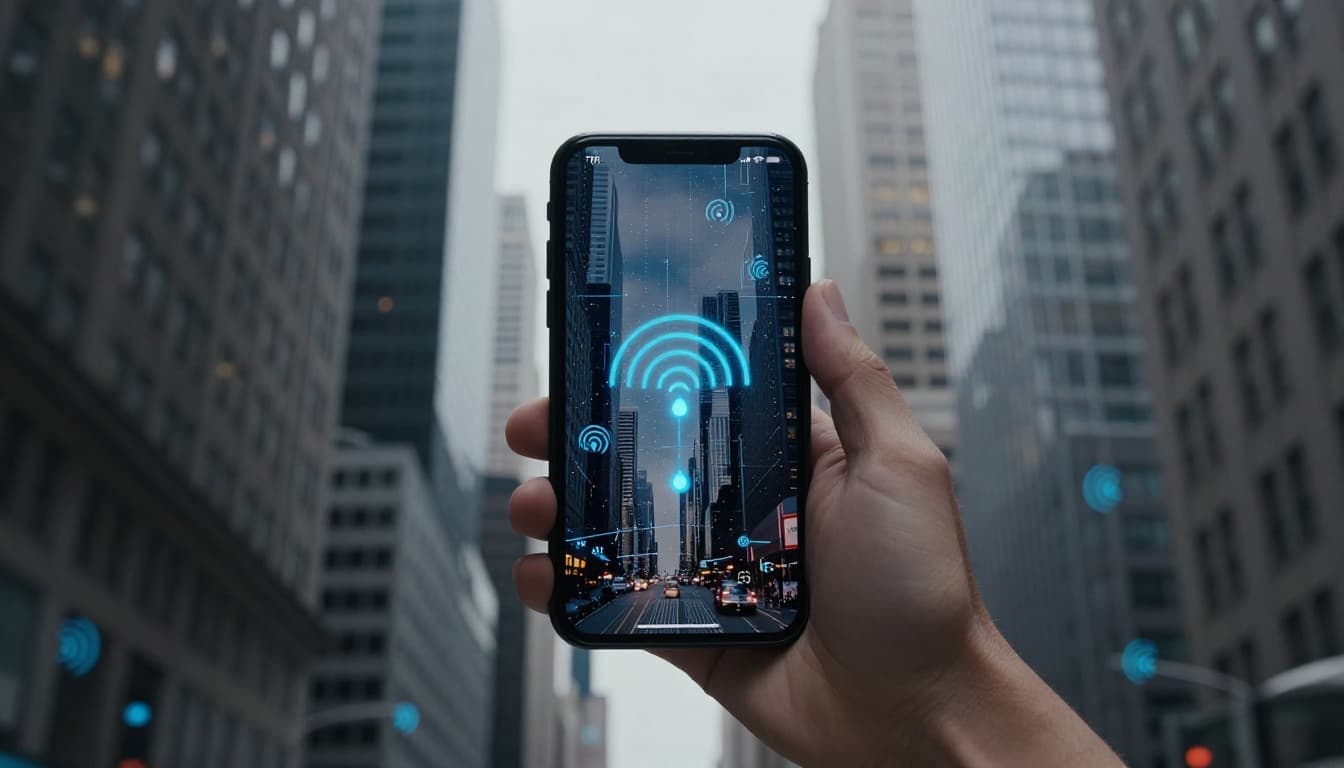 Smartphone in dense city street with skyscrapers forming urban canyon, glowing blue GPS signals bouncing off glass walls like echoes before reaching phone antenna, cinematic style with dramatic lighting and depth of field.