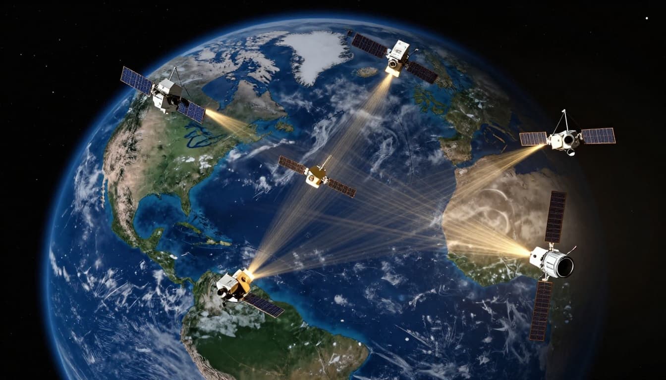 Five detailed GPS satellites with solar panels orbit high above Earth, beaming thin golden light ray signals downward toward the surface with North America visible on the blue planet, set against a starry black space background in cinematic style.