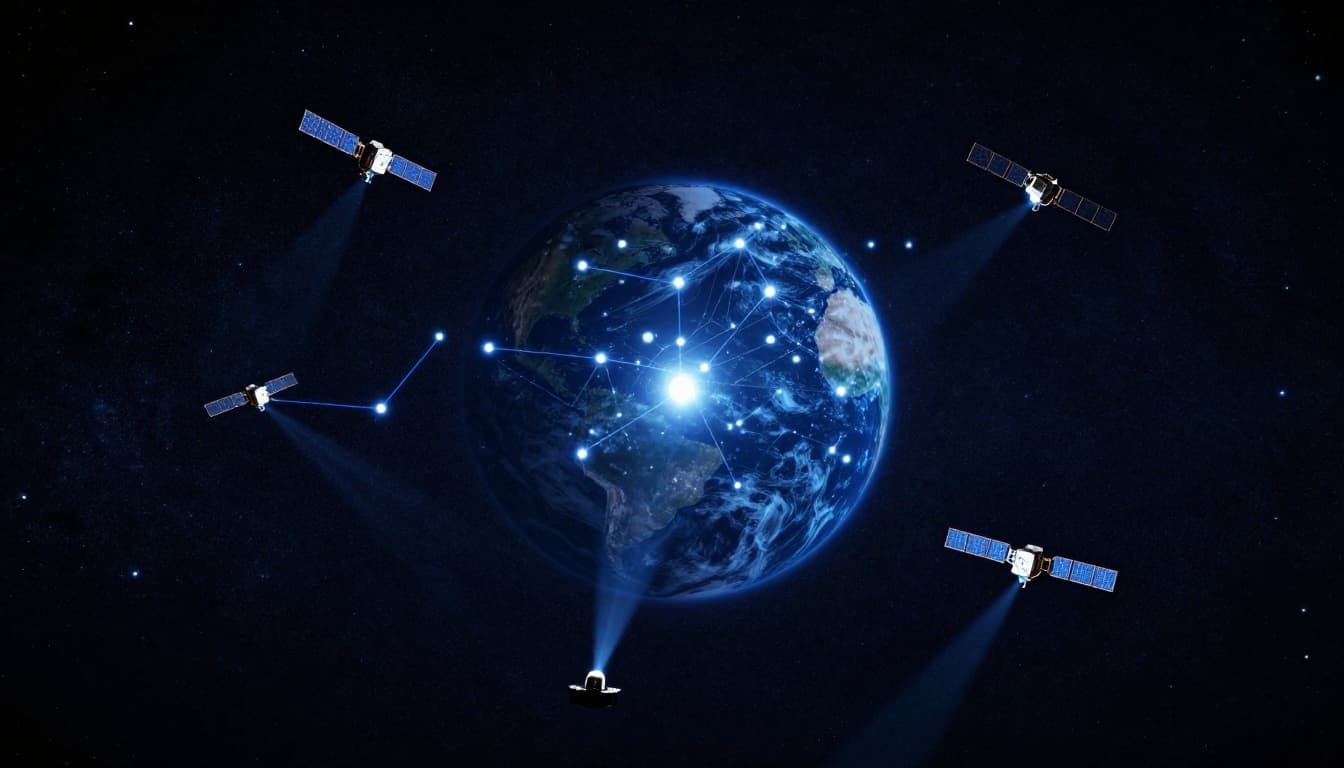 Constellation of GPS satellites orbiting Earth against a starry space background, beaming signals to a small device on the surface below in cinematic style with dramatic lighting.