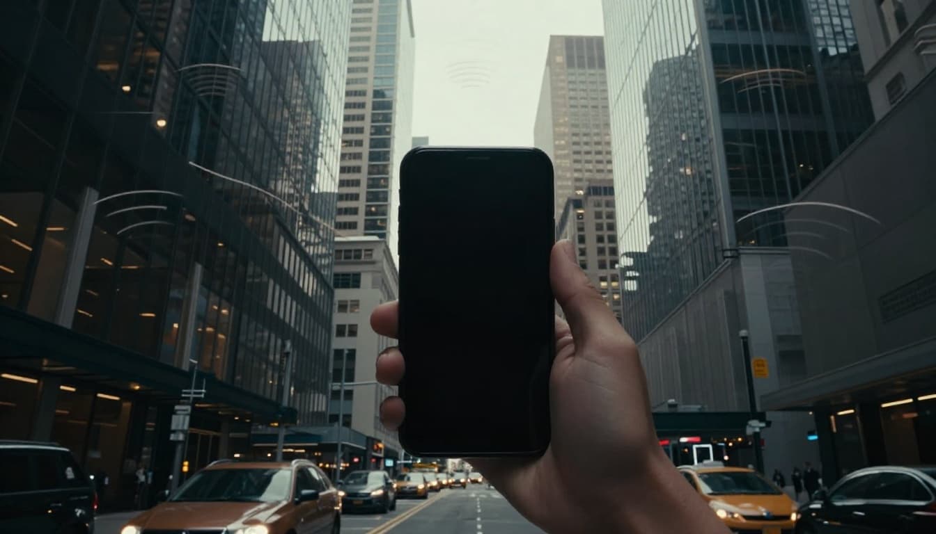 A frustrated person holds a smartphone in a narrow city street canyon, surrounded by tall glass skyscrapers blocking the sky view, with faded GPS signal lines bouncing off buildings and weak reception from above, captured in cinematic style with strong contrast and deep shadows.