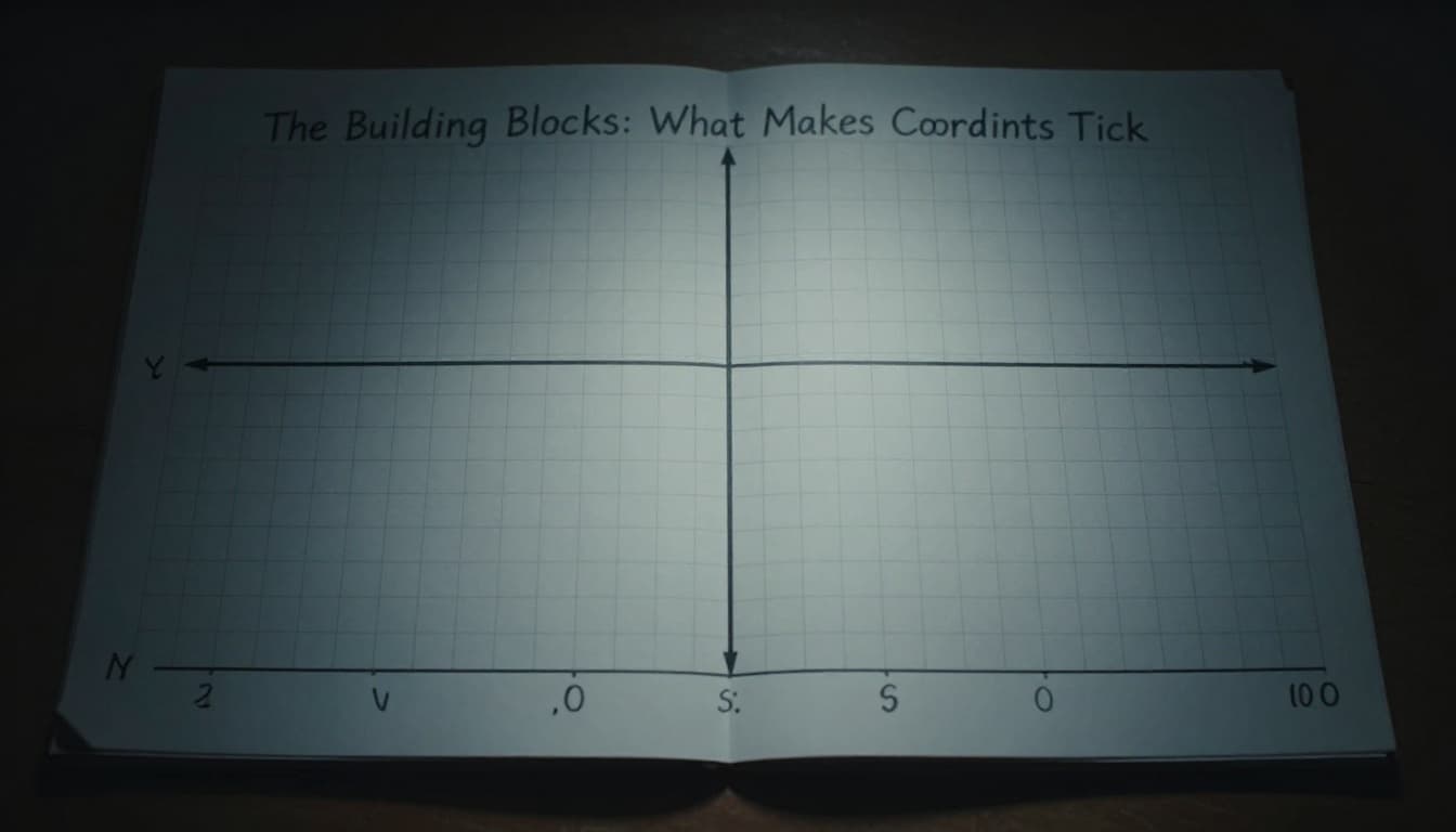 Graph paper grid centered on the origin (0,0) with horizontal x-axis and vertical y-axis, arrows at ends, faint grid lines, cinematic style with dramatic lighting and depth of field.