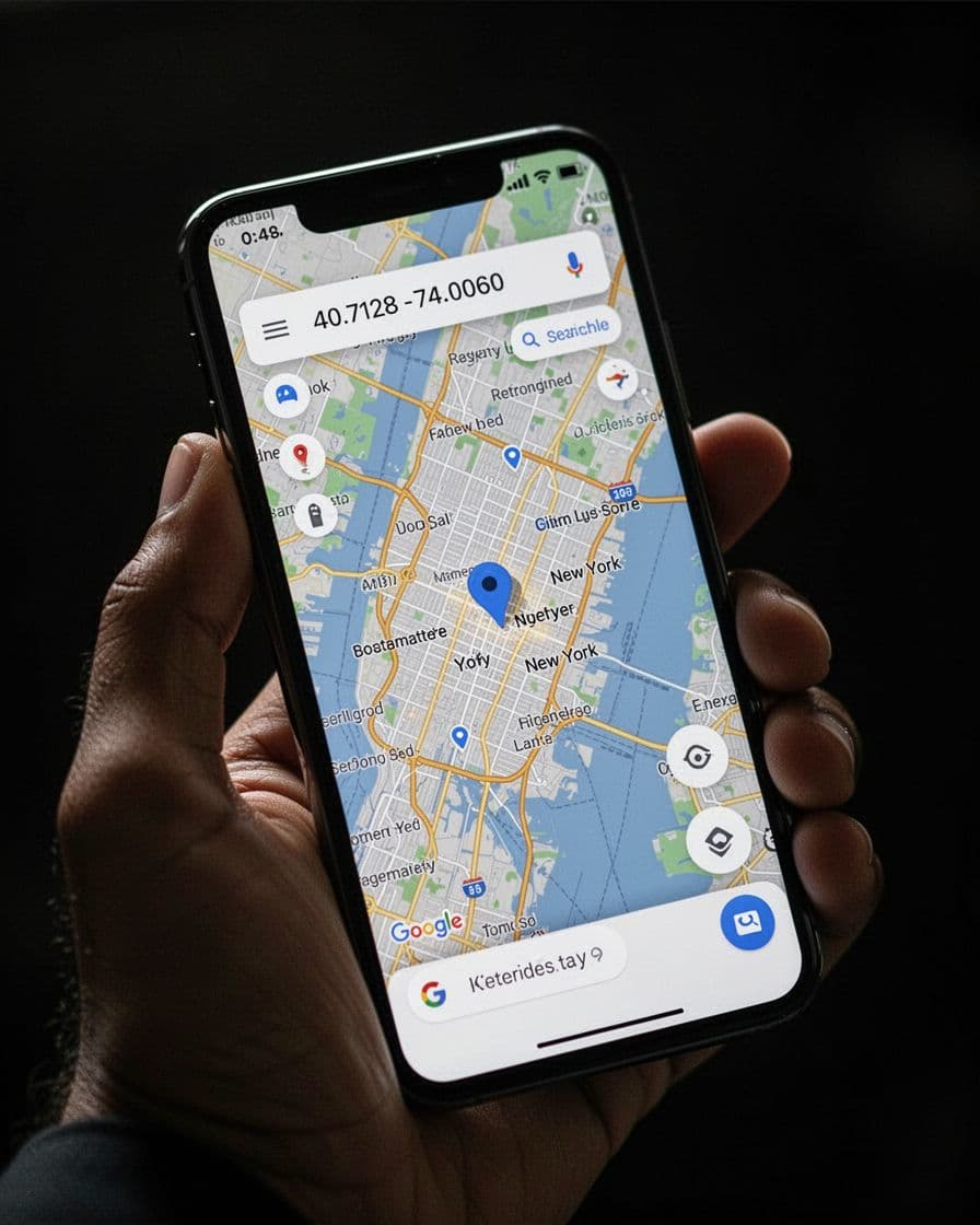 Close-up of a modern smartphone held in a relaxed hand, screen showing Google Maps app with coordinates 40.7128 -74.0060 entered and zoomed to New York City pin, dark cinematic background with dramatic lighting.