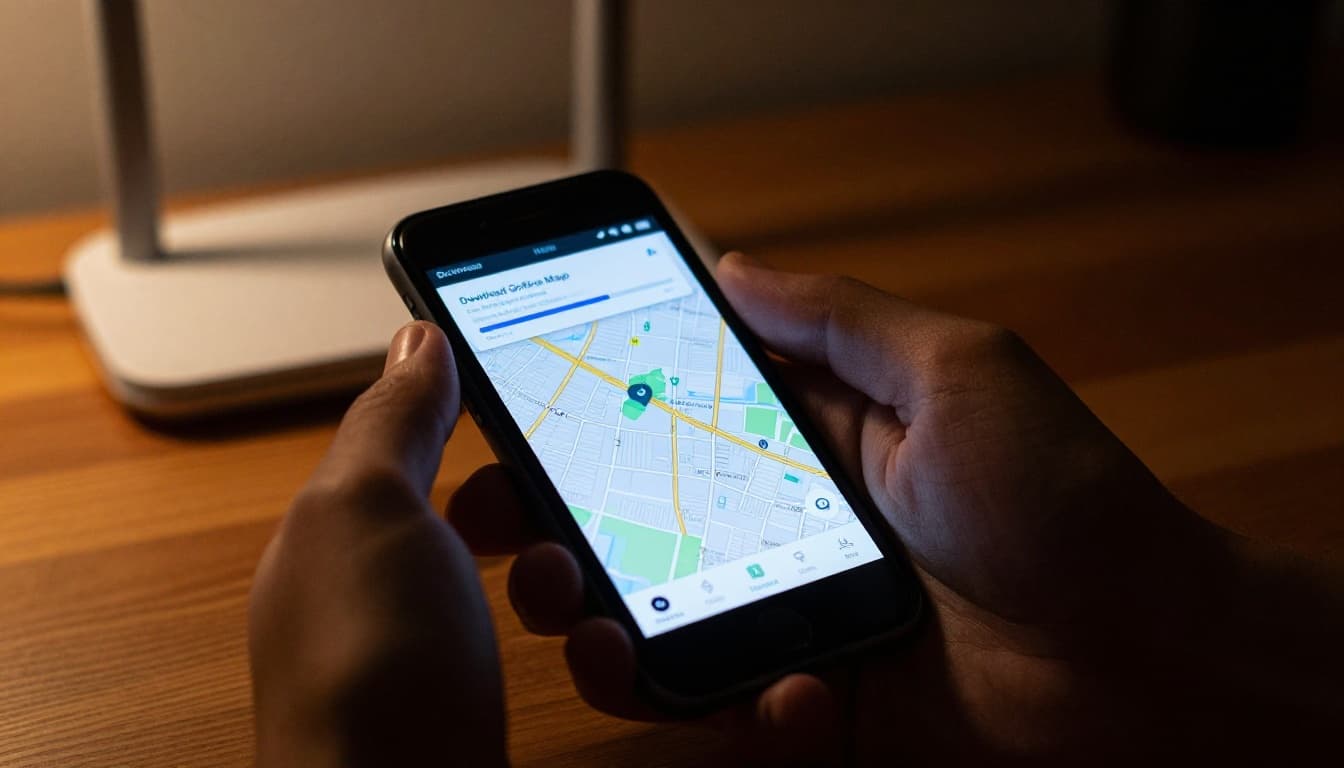 Close-up of a hand holding a smartphone on a wooden table in a cozy home, screen showing a blurred map download progress bar, Wi-Fi router nearby, with warm cinematic lighting and strong contrast.