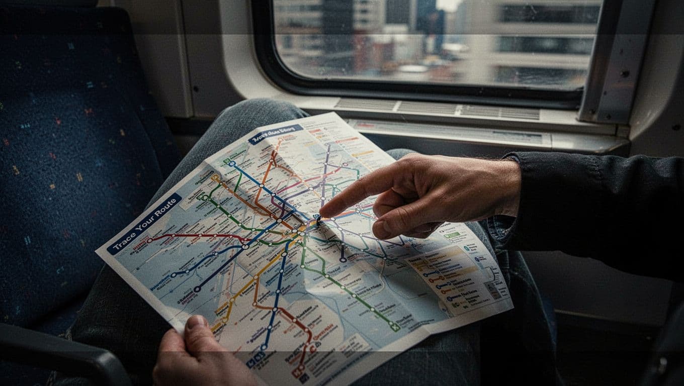 A person's hand traces a finger along a colored line on a subway map toward a destination station, with the map on a knee in a train seat and blurred city outside the window.