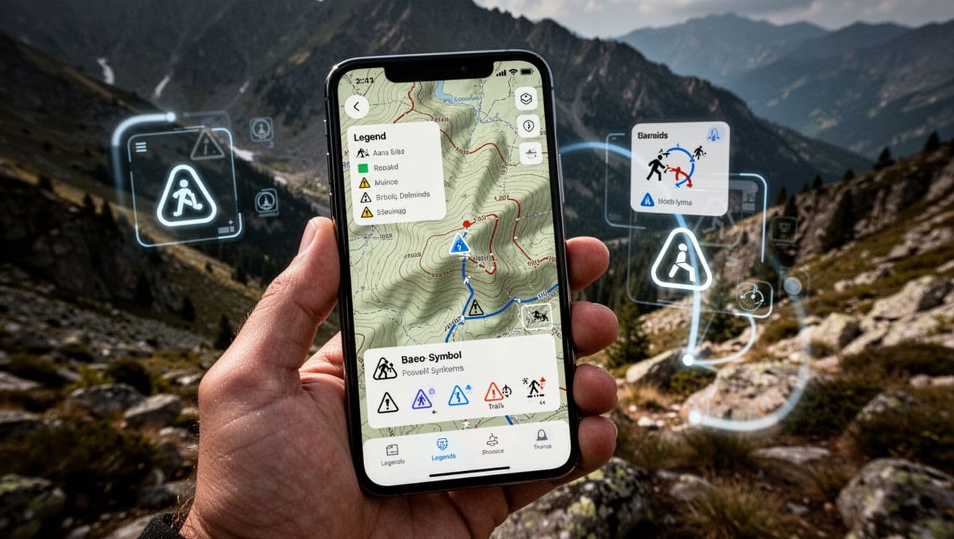 Close-up of a hand holding a smartphone displaying a topographic map app with contour lines, trail symbols, legend popup, and AR overlay blended on real terrain background in cinematic style.