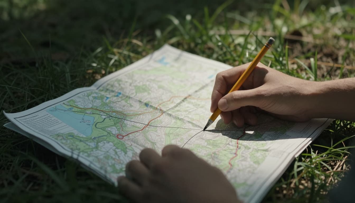 Close-up of two hands gently resting near the edges of an unfolded topographic map on grass outdoors, with a pencil lightly marking a grid intersection point. Dramatic natural sunlight, high contrast, blurred forest trail background in cinematic style.