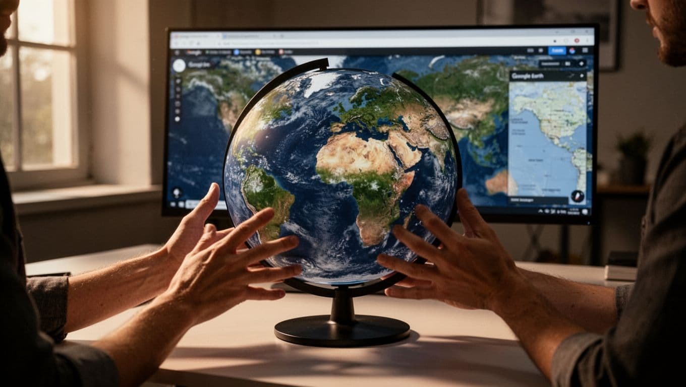 Person's hands spinning a detailed 3D globe on a modern desk, with a softly blurred Google Earth app screen in the background. Cinematic dramatic lighting from a window creates strong contrast and depth, emphasizing interactive globes over flat maps.