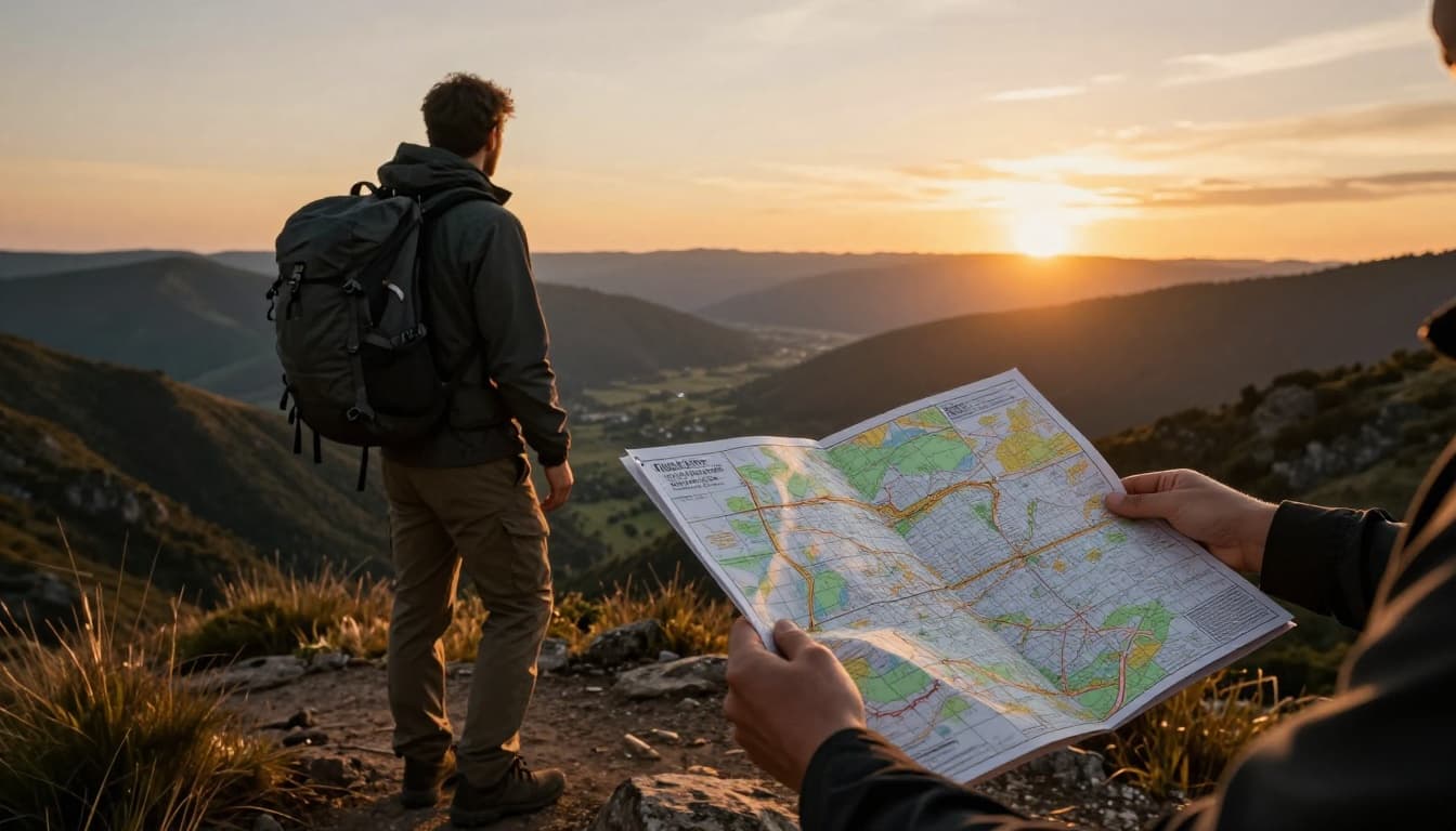 A lone hiker stands relaxed on a mountain trail at dusk, holding an open map with visible grid lines towards the camera, backpack on, overlooking a scenic valley. Dramatic golden hour lighting with high contrast and cinematic depth.