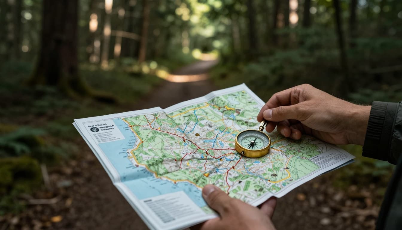 Close-up of a hiker's hands holding an unfolded paper topographic map and magnetic compass on a forested trail, orienting to north with cinematic lighting from sun rays through leaves.
