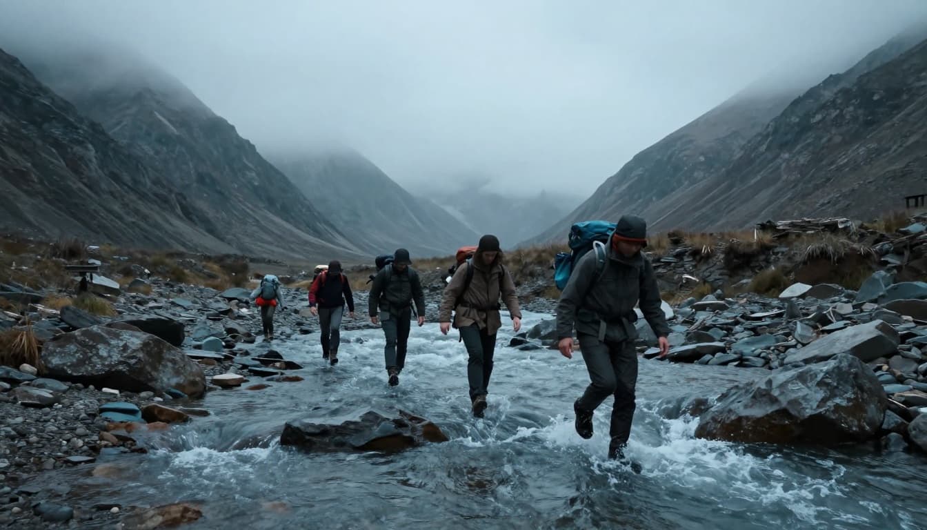 A group of three hikers crosses a shallow but rushing mountain river ford on a narrow trail over slippery rocks, framed by steep valley walls, fog-shrouded distant peaks, in a dynamic low-angle cinematic composition with dramatic lighting and cool desaturated tones.