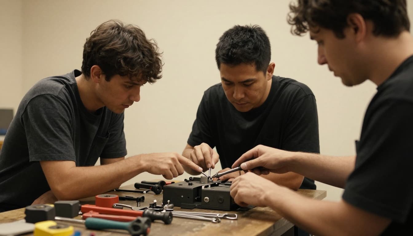 Over-the-shoulder view from the apprentice's perspective as an instructor points to a machine part during a hands-on repair demonstration using real tools on a workshop bench amid neatly scattered tools.