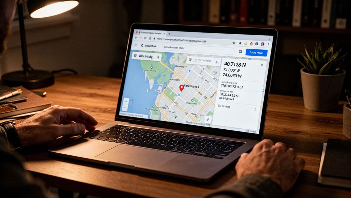 Laptop on a cozy office desk with browser open to a coordinate lookup site showing lat long 40.7128 N 74.0060 W, map view, and address details in cinematic style.