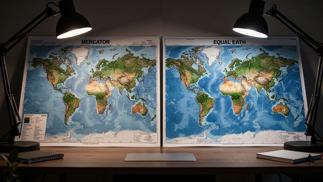 Side-by-side comparison of world maps on a desk under desk lamp lighting: left Mercator projection with distorted continent sizes, right Equal Earth projection with balanced sizes, cinematic strong contrast, dramatic shadows, depth of field.