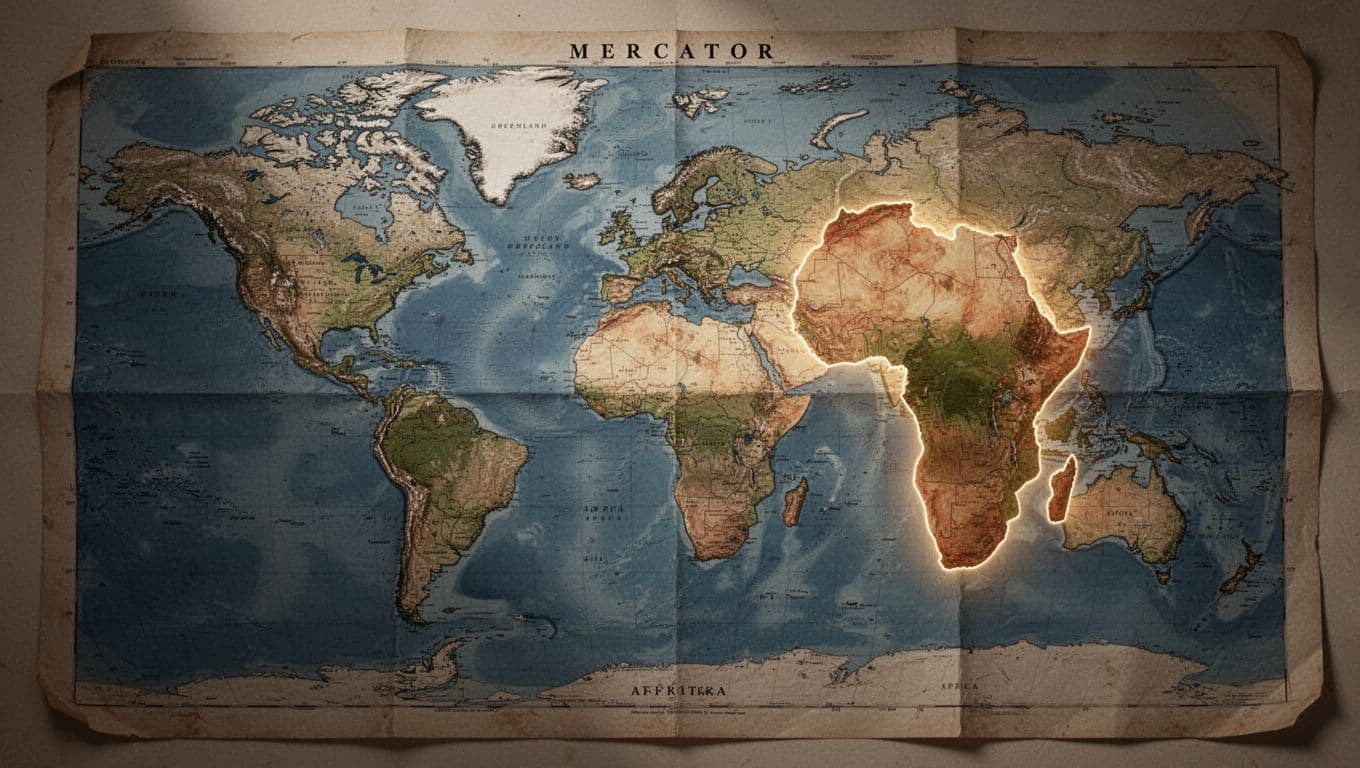 Mercator world map on aged paper highlighting oversized Greenland next to true-sized Africa with subtle glow, dramatic overhead lighting, deep shadows on folds, cinematic style, strong contrast, realistic texture, neutral palette.