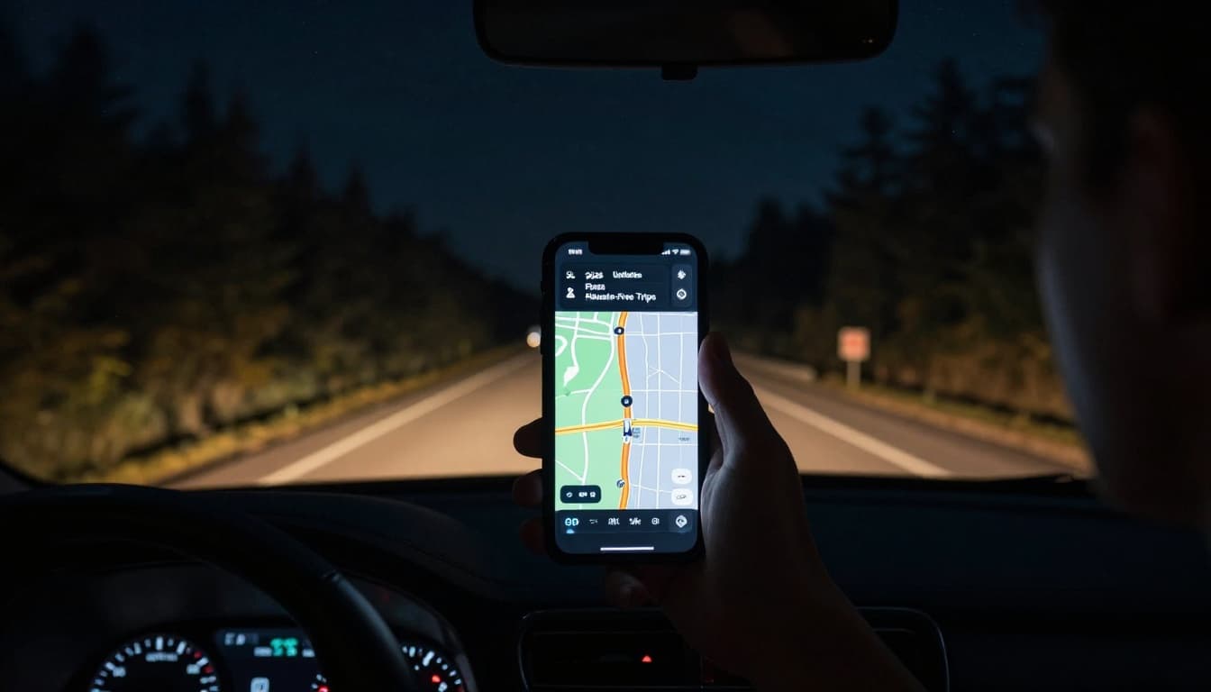Cinematic car dashboard view at night with mounted phone displaying offline route on rural highway, headlights piercing dark road under starry sky, dramatic lighting and deep shadows.