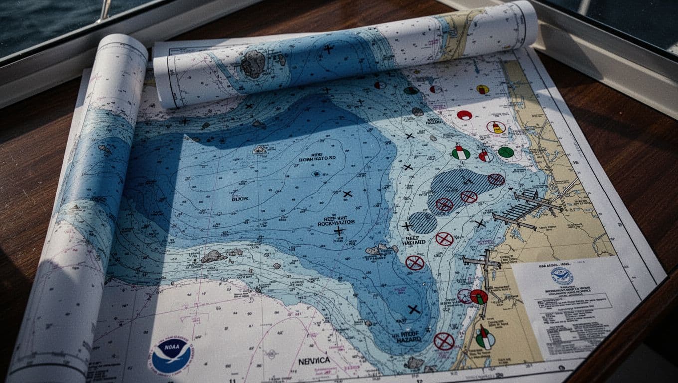 Close-up top-down view of a rolled NOAA nautical chart on a boat table, featuring blue depth contours, rock hazard symbols, wrecks, reefs, buoys, and shoreline piers in cinematic style with dramatic lighting and cool blue tones.