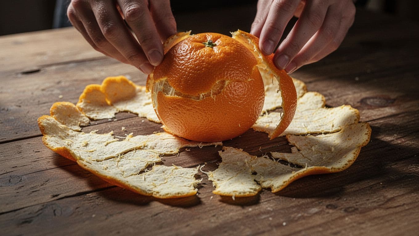 A fresh orange peeled by invisible hands, flattening on a wooden table with wrinkles and tears, close-up on curved to flat distortion, cinematic style with dramatic lighting, illustrating globe-to-map projection challenges.