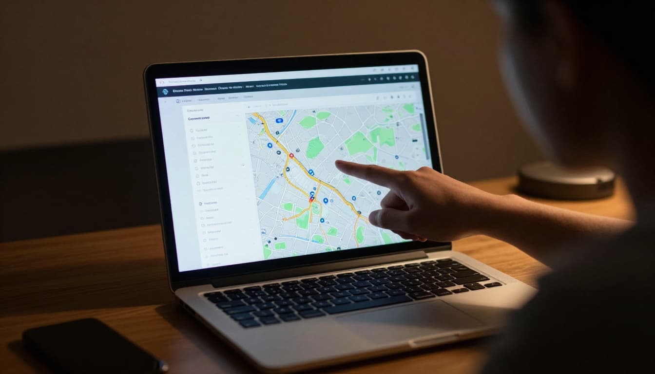 A focused person points at a laptop screen displaying a coordinate finder website with a map and latitude-longitude coordinates in a simple desk setup. Cinematic style with strong contrast, dramatic side lighting, and warm indoor tones.