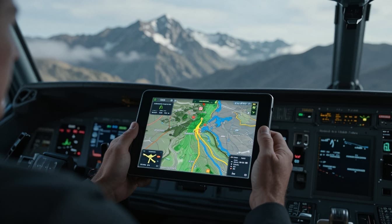 A relaxed pilot in the cockpit checks weather radar on a tablet GPS app while flying over a rugged mountain valley, with hands on the yoke and a cinematic view of peaks and clouds.