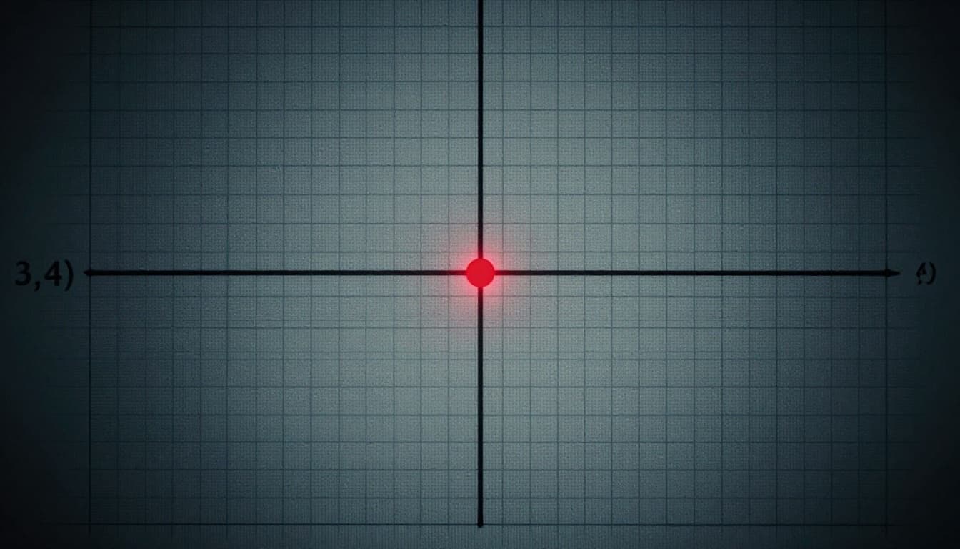 Cartesian graph paper featuring a glowing red dot at coordinates (3,4) in the first quadrant, with clear axes crossing at the origin, visible grid lines, cinematic style with strong contrast, dramatic side lighting, and cool blue-gray palette on a dark neutral background.