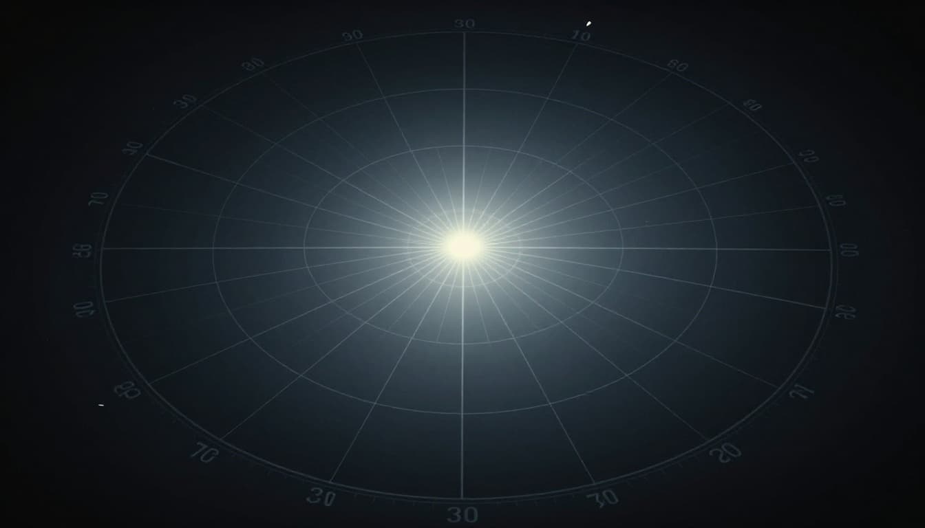 Cinematic radar-like diagram of a polar coordinate system with origin-centered concentric fading rings, radial angle lines every 30 degrees, and a single bright glowing blip at r=5 theta=30 degrees on a dark neutral background in cool blue-gray palette.