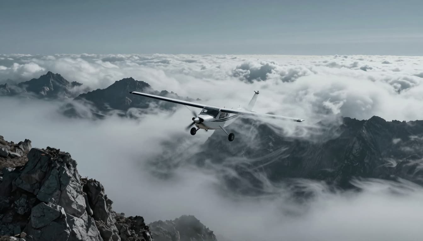 Small propeller plane tossed by turbulent winds near jagged rocky mountain peaks, with swirling clouds and motion blur depicting updrafts, downdrafts, and mountain waves in a cinematic wide landscape.