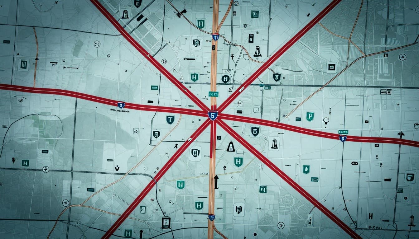 Top-down cinematic view of a detailed paper road map section on a car dashboard, showcasing thick red interstate highways, green shield icons, gas stations, hospitals, one-way arrows, and interchanges in high contrast with blues, reds, and blacks.